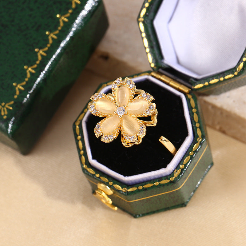 Copper Micro Inlaid Zircon Rotatable Sakura Ring