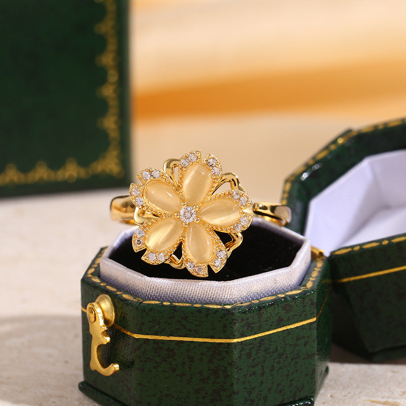 Copper Micro Inlaid Zircon Rotatable Sakura Ring