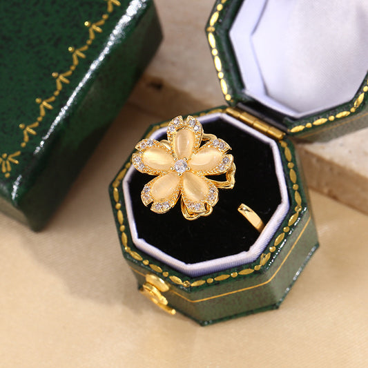 Copper Micro Inlaid Zircon Rotatable Sakura Ring