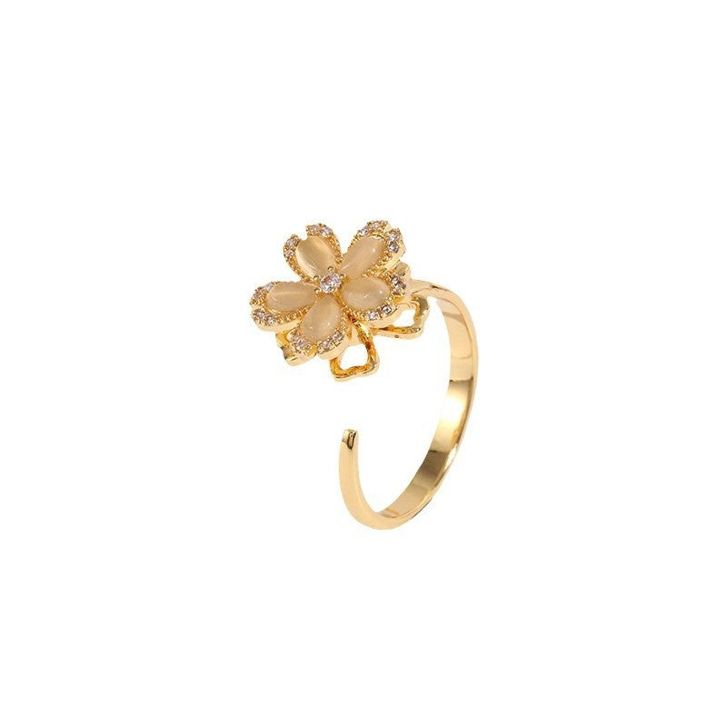 Copper Micro Inlaid Zircon Rotatable Sakura Ring