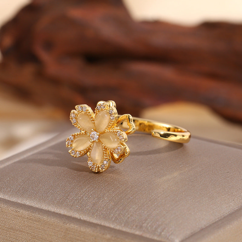 Copper Micro Inlaid Zircon Rotatable Sakura Ring