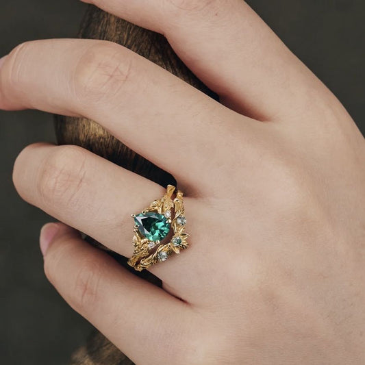 Palace Style Emerald Water Drop Zircon Ring Gold-plated Inlaid Lvzuan Couple Rings