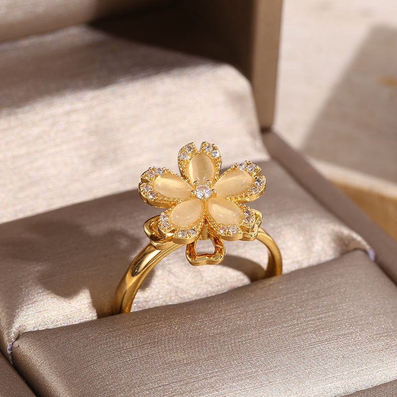 Copper Micro Inlaid Zircon Rotatable Sakura Ring
